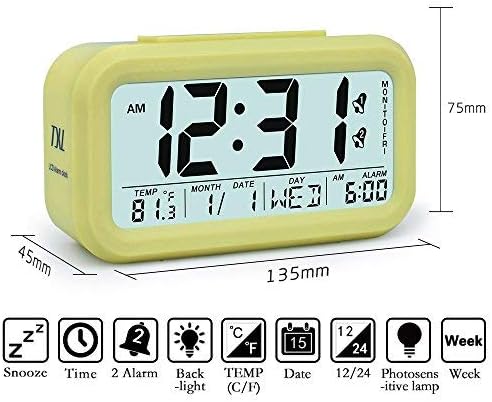 TXL Digital Alarm Clock Student Clock 2 Alarms,12/24 Mode Snooze Temperature Calendar Sensor Light Display, Battery Bedside Desk/Shelf Clock for Kids Teens Home Office Travel-Yellow