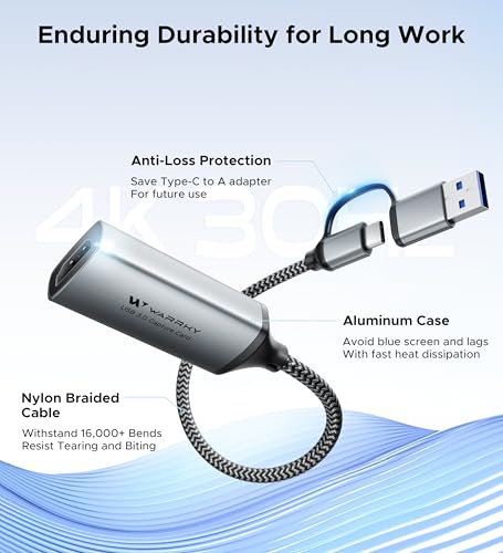 WARRKY Video Capture Card, 2-in-1 USB 3.0 USB A/C HDMI Capture Device, 4K Input 1080P 60FPS Low Latency Game Capture Card for Streaming & Recording, Compatible with PS5, Nintendo Switch, Xbox, PC, Mac