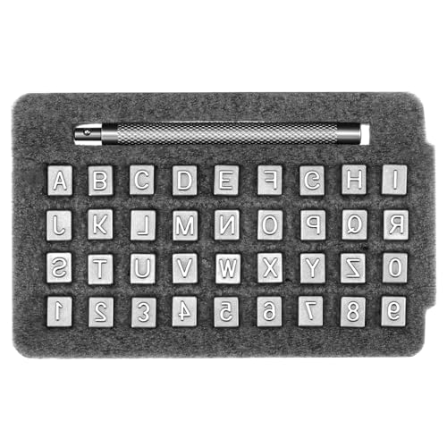 QWORK Leather Stamps Set for Leather Working, 37 Pcs Complete Embossing Kit with Numbers, Letters, & Steel Handle, 1/4