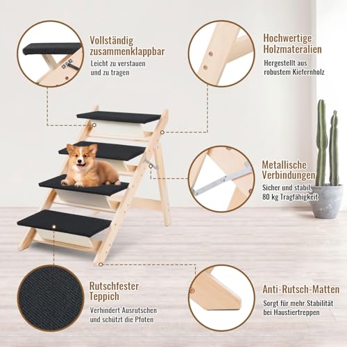Vigevee Hundetreppe 2 in 1 Hunderampe, Klappbare Haustiertreppe 65,5cm Hoch, 4-Stufig Faltbare Katzentreppe, Maximale Belastung 80kg, Tiertreppe mit Rutschfester Trittmatte für Hunde und Katzen