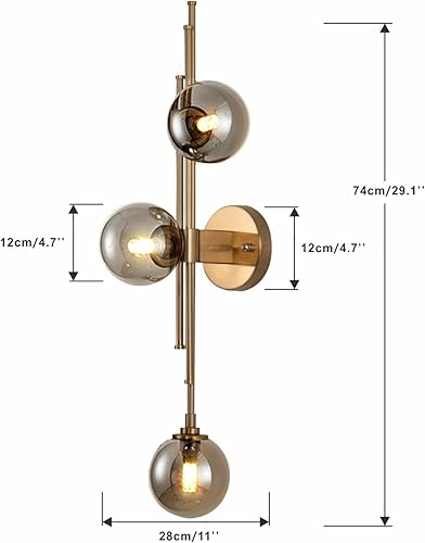 Miniatura 2 de BOKT Lámpara de pared moderna de 3 luces para interiores de mediados de siglo, lámpara de pared de vidrio gris ahumado posmoderno, latón cepillado