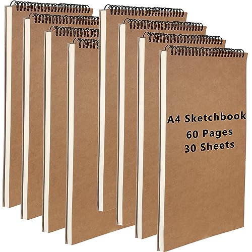 ZOENHOU 8 Pack 60 Pages/30 Sheets A4 Sketch Book, 160 GSM Hardback Spiral Bound Sketchbook Landscape Sketch Pad