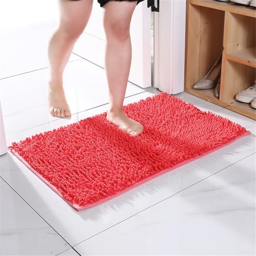 Alfombrilla de baño de felpilla antideslizante y absorbente con respaldo de TPR para baño y ducha, alfombra de ducha rectangular en varios colores (naranja y rojo)