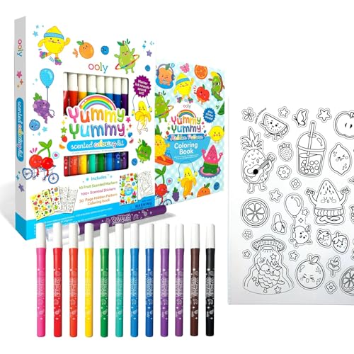 Ooly Yummy Yummy Coloring Kit Includes 10 Lightly Scented Markers, Over 100 Scented Stickers, and 30 Pages of Hidden Pattern Coloring Book, Perfect Airplane Travel Set and Creative Play