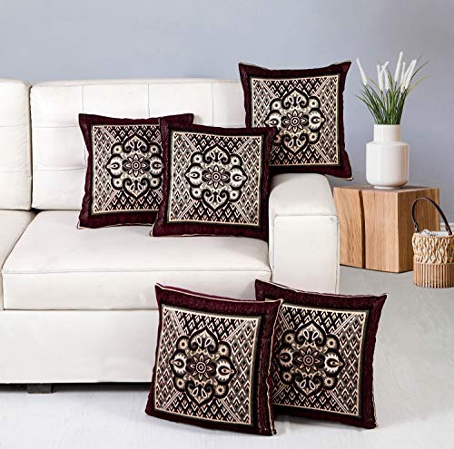 Image of Nendle Jacquard Weaved Decorative Velvet Cushion Cover /Sofa Pillow Cover Set of 5 Pieces (Wine, 16x16 Inches)-500 TC
