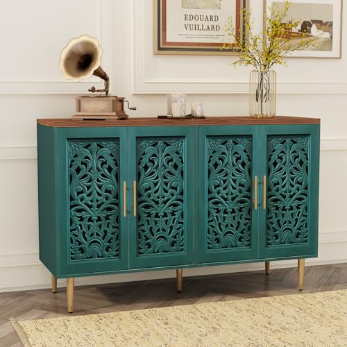 HOLTICO Wooden Sideboard Storage Cabinet with 4 Doors, Vintage Hollow Carving Buffet Accent Cabinet, Modern Green Sideboards for Living Room, Kitchen, Dining Room, Hallway