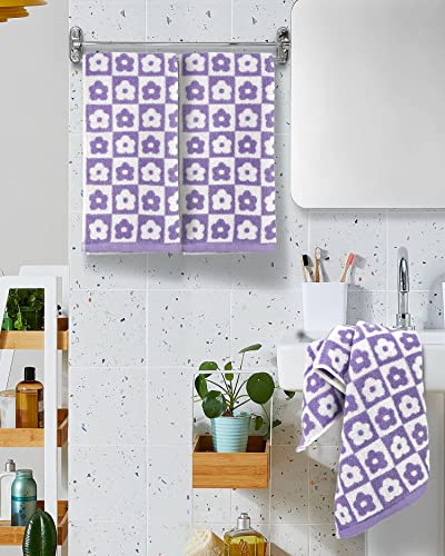 Cotton Face Towels Set Of 4 - Checkered Floral Bathroom Hand Towels For Everyday Use, 29” X 13” Lilac #TOP5