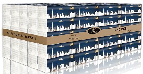 Facial Tissues 450 Pcs, Pack of 100 Tissue Boxes Soft and Durable 5-Ply Multi-Purpose, Dry Or Wet Use, 100% Wood Pulp, 156 * 175mm