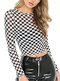 Remidoo Women's Long Sleeve Crewneck Checkered Sexy Sheer Mesh Crop Top T Shirt Grid Pattern Small