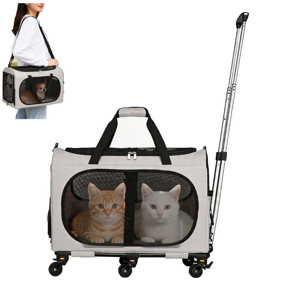 Pet Carrier on Wheels, Double-Compartment Pet Rolling Carrier