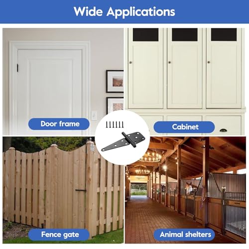 Image of 6 Inch T-Strap Gate Hinges, Heavy Duty Gate Hinges, Shed Door Hinges for Outdoor Barns Gate, Wooden Fences, with Screws, 4 Pack-Black