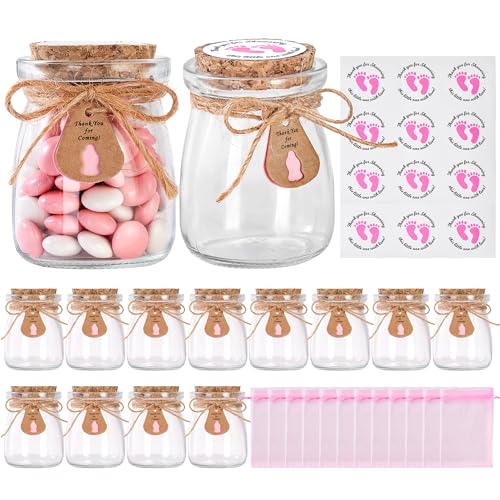 KIVIVO 12 Pcs Baby Shower Party Favors for Guests, Baby Shower Gifts for Guest, 3.4 oz Small Glass Mason Jars with Cork Lids, Stickers, Label Tags,...