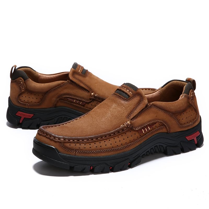 Men's Leather Slip-On Loafers, Casual Hiking Walking Shoes, Brown Perforated Moccasin Style, Rugged Non-Slip Outdoor Comfort Shoes