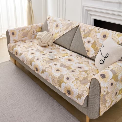Image of HOMETHREADS Anti-Skid Sofa Protector Mat: Premium Printed Cotton Slipcover with Strong PVC Non-Slip Backing, (White Yellow, 1 Seater Large| 90x75cm)