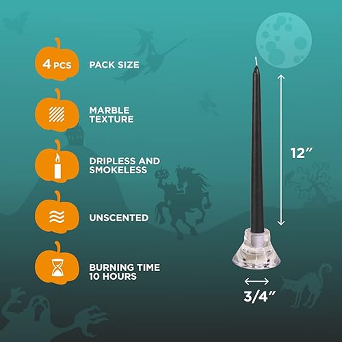 Vista 4 de CANDWAX 12 inch Taper Coal Black Candles — Slow Burning Unscented Smokeless Dripless Tapered Candle Set of 4 — Perfect for Gothic Parties and Negro