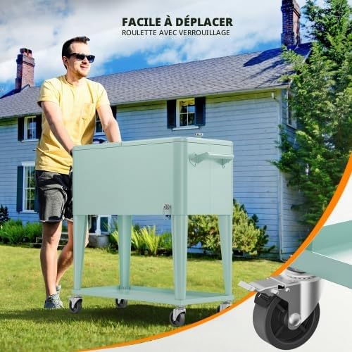Bonnlo Glacière à roulettes 76 L Frigo de Jardin ou Camping avec Bouchon de Décapsuler l'Ouvre-Bouteille et l'Attrappe-Capsule Chariot Frigorifique pour Patio Jardin Terrasse Vert Menthe