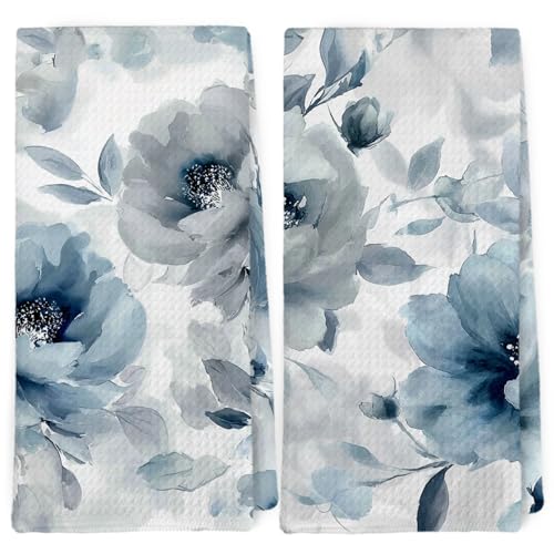 Dibor Blue Floral Bathroom Decor,Floral Kitchen Towels Dishcloth Set of 2, Blue and White Bathroom Decor Dish Towels, Cottagecore Flower Decorative Dish Towel Hand Tea Towel for Home Kitchen, 16x24