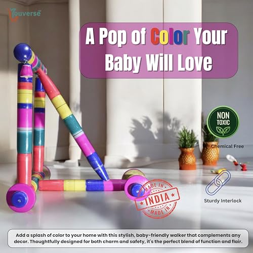 Image of Traditional Wooden Baby Walker for 9-18 Months | Nadavandi Push Walker for Kids | Handmade Push Walker | Baby Push Wagon & Activity for First Steps | Sturdy & Safe for Baby (Multicolor)