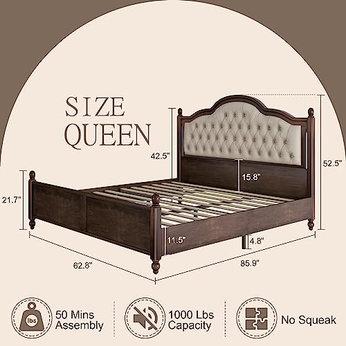 AMERLIFE Queen Solid Wood Bed Frame with Upholstered Tufted Headboard and Slat Support