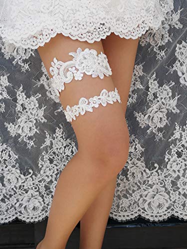 Yurongsxt Wedding Garter Set Sequins Floral Bridal Pearls Garter Set G35 (Ivory) #TOP3