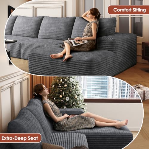Image of Boneless Couch, Modular Sectional Couches for Living Room, U-Shaped Cloud Couch Sofa with Deep Seat, Fluffy Corduroy Upholstered Corner Sofa