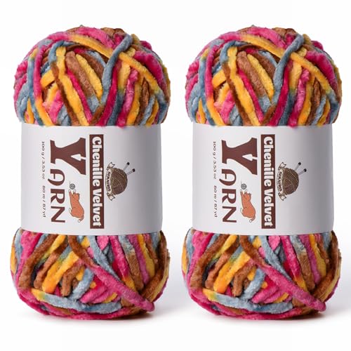 Image of 2 Pack Plush Chenille Chunky Yarn - Fluffy Velvet Yarns Crochet for Blanket Knitting and Crocheting - Soft Baby Yarn for Crocheting - Amigurumi Crochet Yarns 100g (87yds) (2 Sunrise)