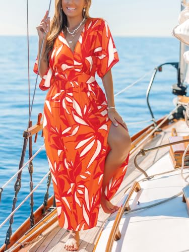 Image of CUPSHE Women's Summer Boho Maxi Dress Paisley Floral V Neck Smocked Dress Beach Vacation Slit Hem Flowy Dress with Pockets