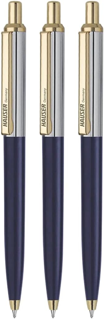 Hauser Germany Berlin Gold Designer Ball Pen Box Pack | Metal Body With Stylish Design | Retractable Mechanism For Smudge Free Writing | Durable, Refillable Pen | Blue Ink, Pack Of 3