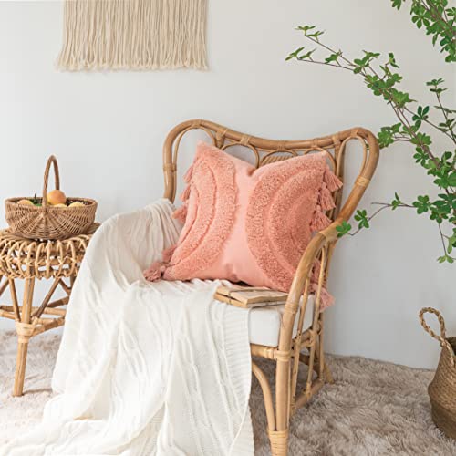 Foindtower Gorgeous Half Moon Accent Boho Tufted Decorative Throw Pillow Covers, Cozy Bohemian Rainbow Design Cotton Canvas Cushion Cover | Tassels Pillow Case Home Decor 18"X 18" Pink Clay 2 Pack #TOP1