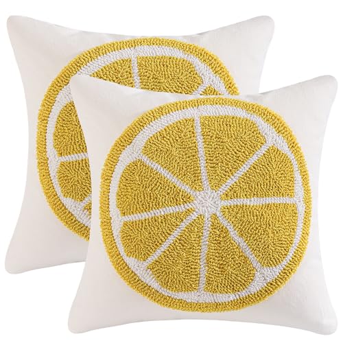 Tosleo Housse de Coussin Citron Touffeté Été 45 x 45 cm Ferme Coton Doux Décoratif Taie d'oreiller pour Canapé Salon Chambre Chaise Jardin Maison...