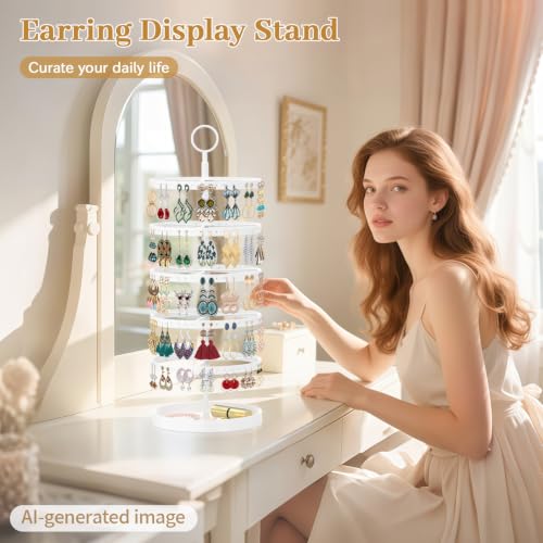 Image of MODOWEY 5 Tier Rotating Earring Holder Organizer, Adjustable Display Tree with Metal Tray, 220 Holes Jewelry Rack for Pierced Stud Hoop Dangle, Large Capacity Space-Saving Stand for Women (White)