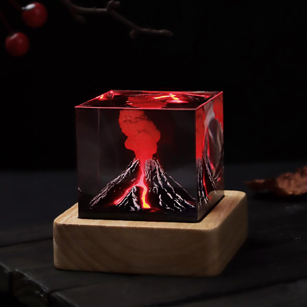 Lámpara de lava – Adorno de luz nocturna de erupción de volcán 3D – Resina epoxi USB Mini luz nocturna roja decoración de habitación para niños, adultos, dormitorio, oficina – Regalo creativo de