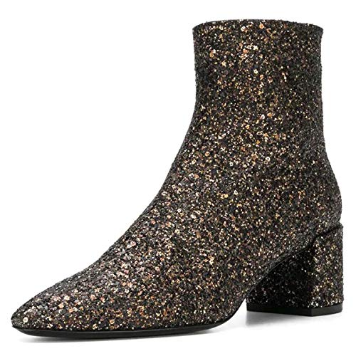 XYD Women Glitter Low Block Heel Ankle Boots Sequins Round Toe Dress Booties Shoes with Zip