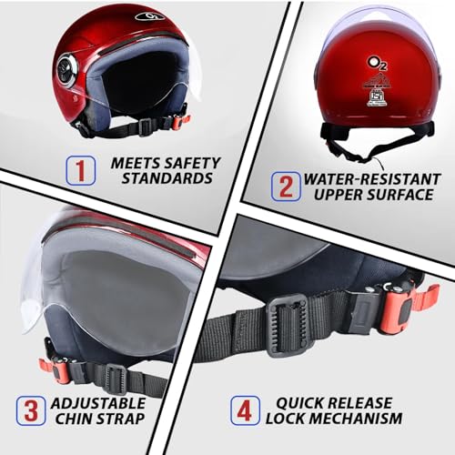 Image of O2 Open Face / Half face Helmet Unisex for Bike Women Men ISI Certified with Clear Visor Smooth Finish Lightweight & Compact (ChRed, 580mm Medium)