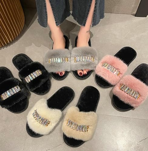 Trendy Fluffy Warm Faux Fur Rhinestone Slippers Open Toe Outdoor Slippers Indoor Non Slip Soles Shoes for Women 20252