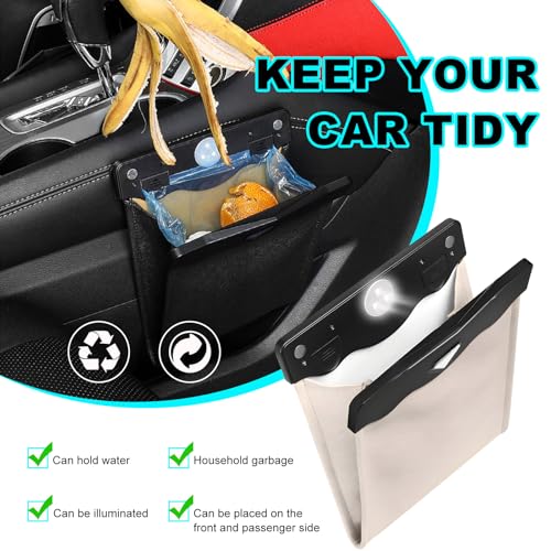 Image of Yourkar Car Hanging Trash Can, Magnetic Closure LED Light Auto Trash Bag Storage Pocket, Collapsible Waterproof Leather Hanging Trash Can with Disposable Trash Bag, Car Accessories (Beige)