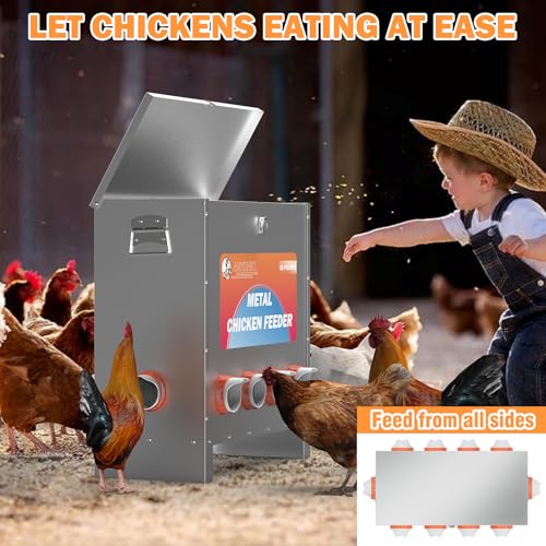 85-120LBS Capacity Chicken Feeder No Waste 10-Ports Automatic Large Poultry Feeder with Latch & Handle for Chickens Bantams Pheasants Poultry Coop Weatherproof