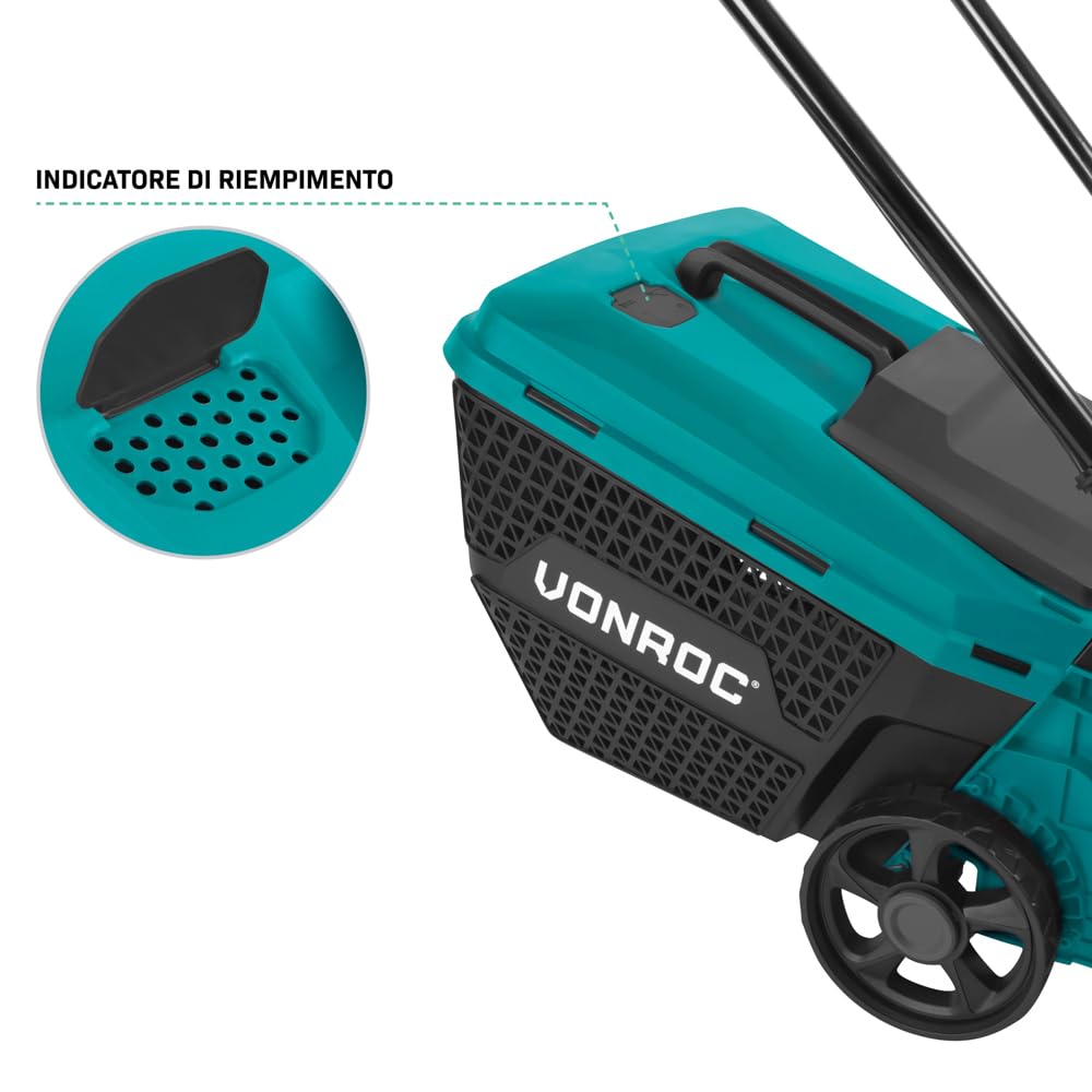 VONROC - Cortacésped inalámbrico VONROC 20 V - Ancho de corte 32 cm - Motor sin escobillas - Tres alturas de corte ajustable: 30/50/70 mm - Bandeja de recogida 30L. Batería de 4,0 Ah, cargador
