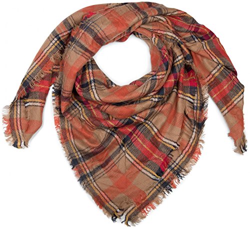 styleBREAKER Écharpe carrée XXL, plaid avec motif tartan écossais à carreaux et franges, unisexe 01018136, couleur:Orange-beige-bleu