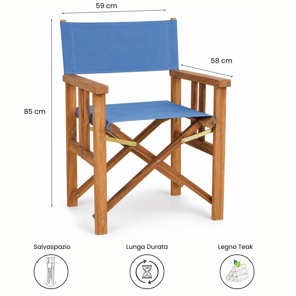 Sedia Regista Pieghevole in Legno Teak CANNES | Poltrona Outdoor con Braccioli, Salvaspazio per Giardino, Terrazza e Campeggio | 58 x 58 x 85 cm (Tela Azzurra)