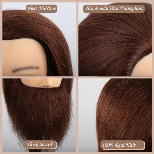 DaizySight Mann Frisierkopf 100% Echthaar mit Bart, Frisurenkopf Männlicher Haarschnitt Übungskopf mit Braun Haar, Friseur Kopf Mannequin Head Puppenkopf mit Tischklemme (35 cm)