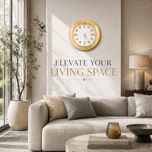 Image of ARMONIA Aurelia Wall Clock | 34 cm Medium Luxury Wall Clock |Silent Non-Ticking | Modern Decorative Clock for Living Room,Bedroom,Dining Room & Office (Gold Glossy Finish,Metal)