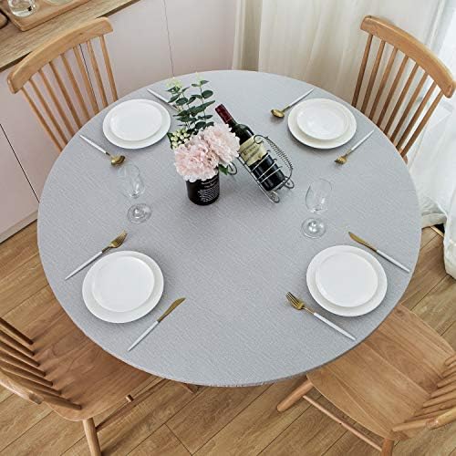 NLMUVW Round Fitted Vinyl Tablecloth with Elastic Edge 100% Waterproof Oil Proof PVC Table Cloth Wipe Clean Table Cover for Indoor and Outdoor, Light Grey, 45"- 56"