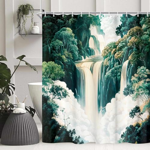 Dongbei Emerald Green Landscape Shower Curtain Forest Waterfall Cool Shower Curtain Set Nature Bathroom Decor Waterproof Polyester Fabric with 12 Hooks 72X72IN