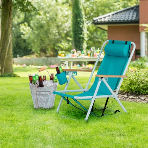 Folding Beach Chair Adjustable Headrest w/4 Flexible Tilt Angle, with Backpack Design, Headrests, Cup Holders & Armrests - Ideal for Sand,Camping, Lawn Concerts (Headrest,Mint Green, 1 pcs) - image 4