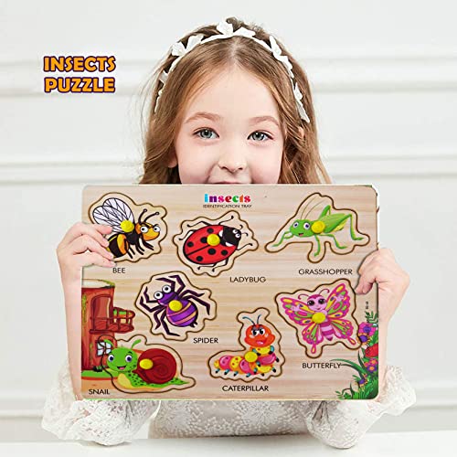 Image of Insects Wooden Puzzle - Montessori Educational Wooden Jigsaw Board for Toddlers & Kids Ages 2-5 - Early Learning Bug Identification & Fine Motor Skills Toy
