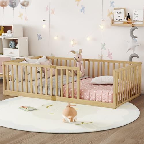 Image of Bellemave Twin Size Kids Montessori Floor Bed Frame with Slats,Solid Wood Floor Bed Frame with High Fence for Kids,Girls,Boys,Natural