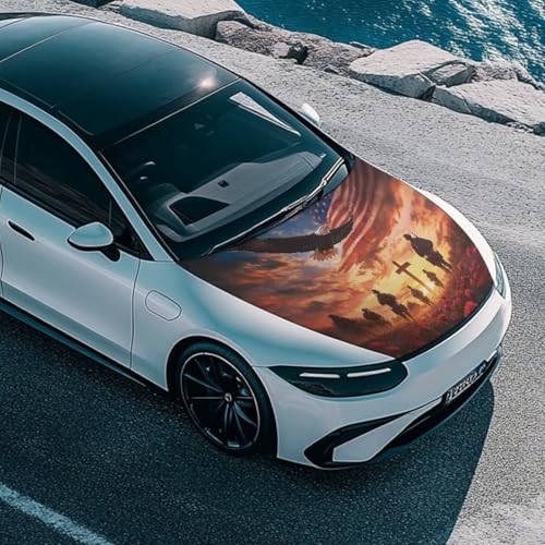 Image of Car Hood Cover Protector USA Flag Design Car Hood Wrap Blankets Veterans Day Decorations Automotive Patriotic Decorative Accessories for Compact Sedans SUVs Pickups Trucks