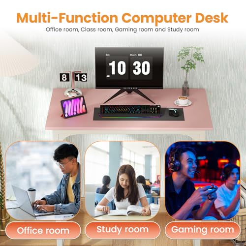 Image of PayLessHere | 32 Inch Computer Desk | Pink | Office Desk with Metal Frame, Adjustable Feet | Water-Resistant, Scratchproof Surface | Sturdy Writing Table for Home Office or Study | Pack of 1