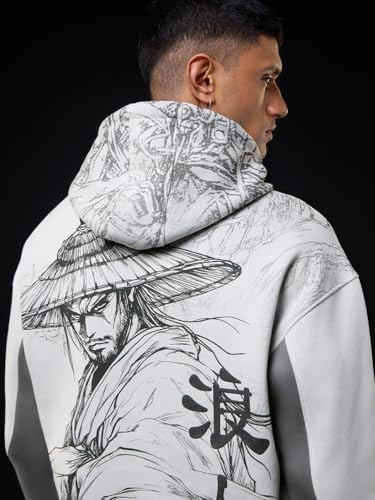 Image of The Souled Store Ronin Men and Boys Full Sleeves Hooded Neck Grey Graphic Printed Cotton Blend Drop Shoulder Streetwear Trendy Premium Fleece Print Oversized Hoodie